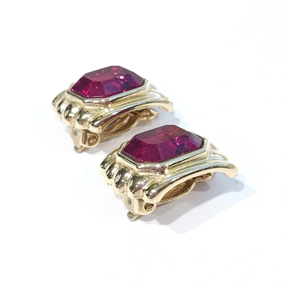 Vintage Givenchy Red Rhinestone Faux Ruby Gold Tone Clip On Earrings - Picture 7 of 16